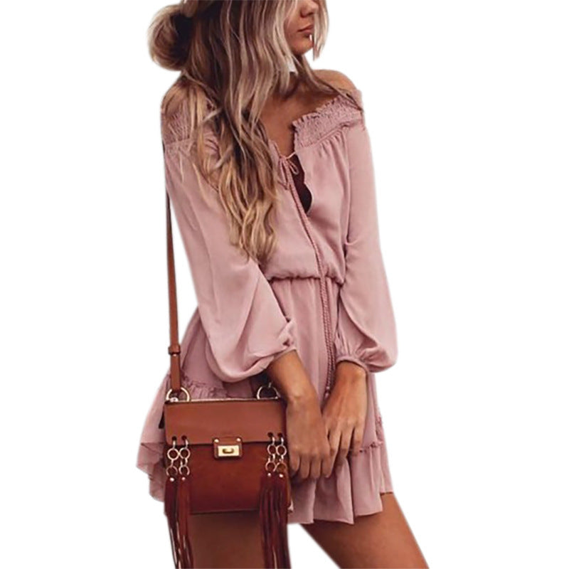 Chiffon Off-Shoulder Ruffle Dress with Tie Detail