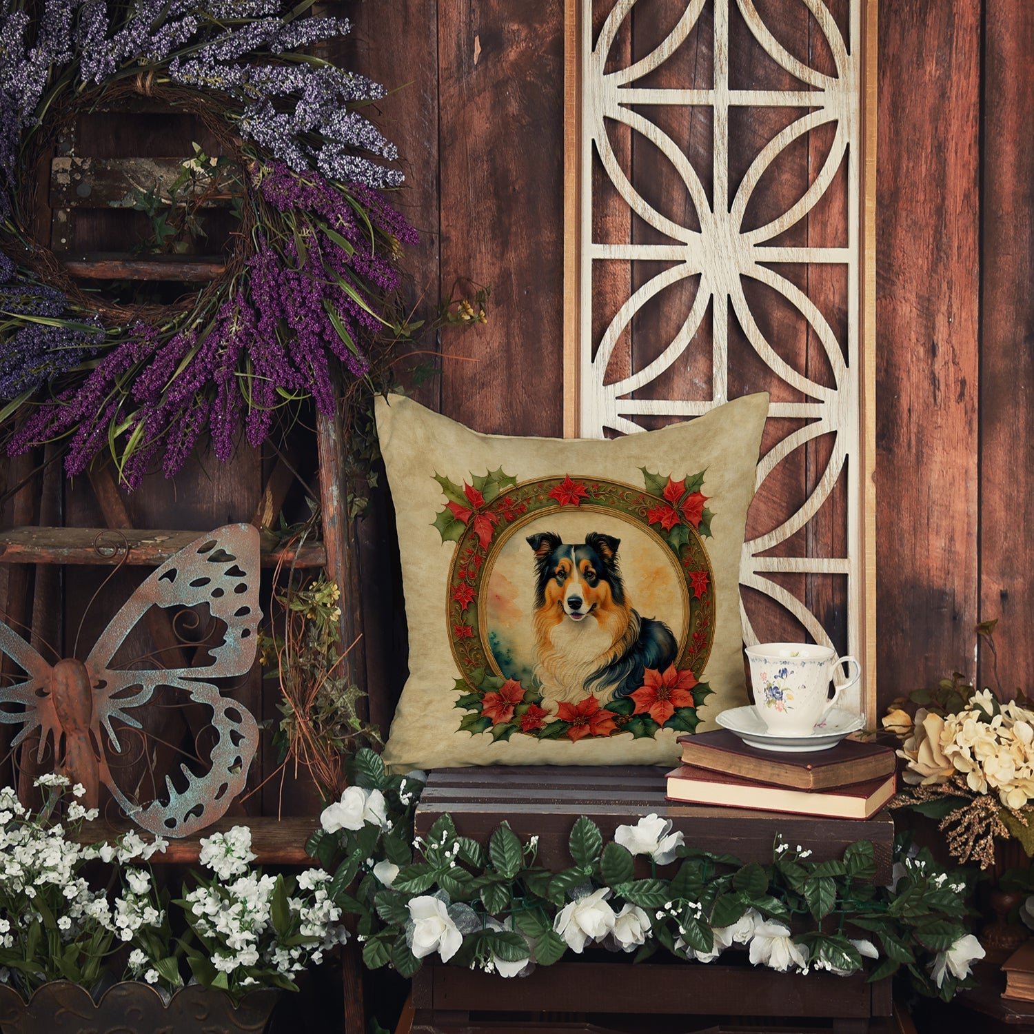 Collie Christmas Flowers Throw Pillow