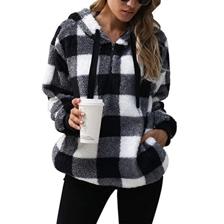 Women's Hooded Plaid Plush Sweater with Long Sleeves