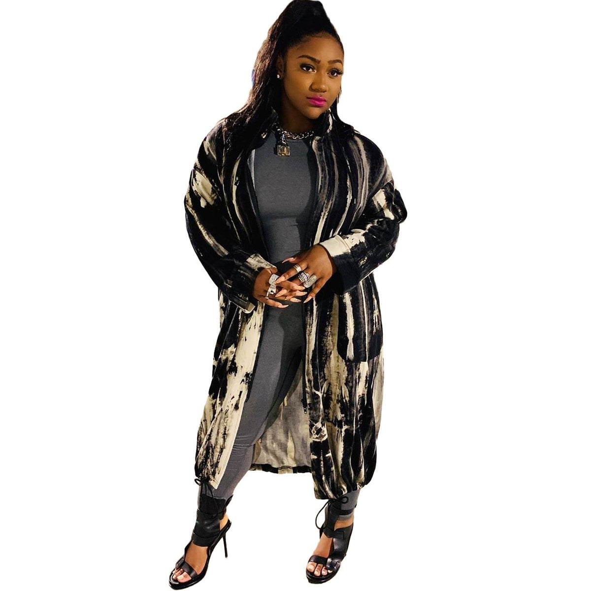 Women's Printed Long Trench Coat with Zipper