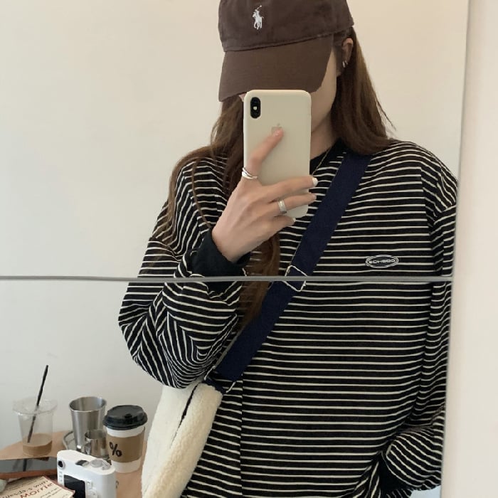 Loose Round Neck Thin Striped Long-sleeved Sweater