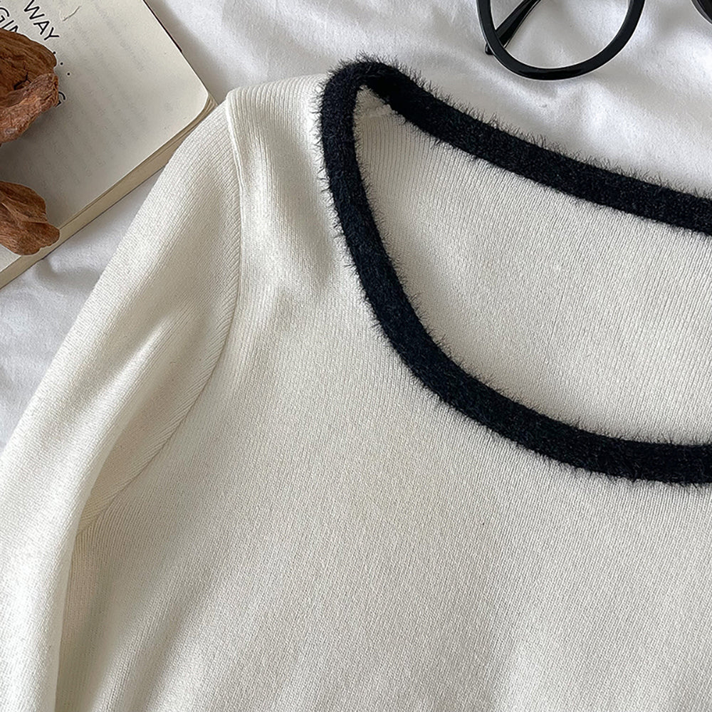 Color Block Long Sleeve U-Neck Slim Fit Sweater for Women
