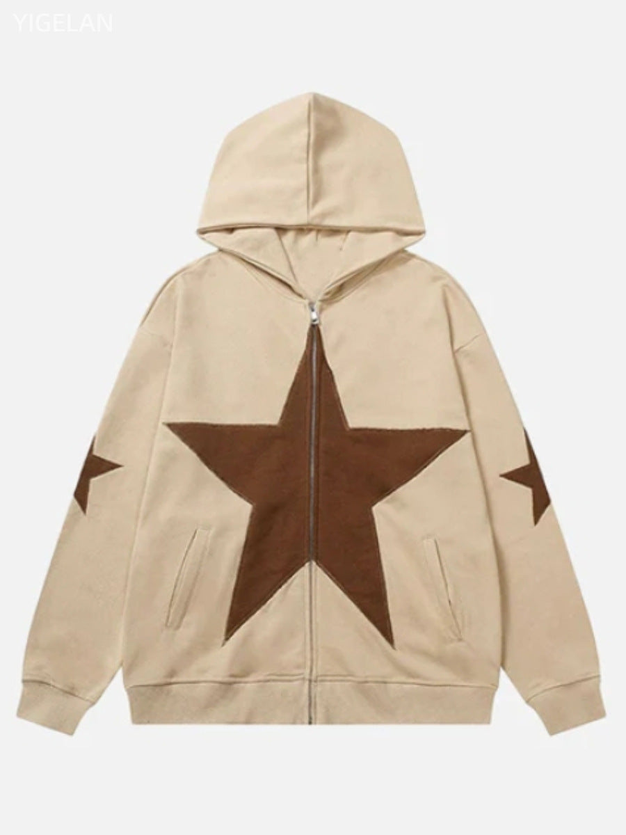 Hooded Lamb Wool Coat with Star Patch Design