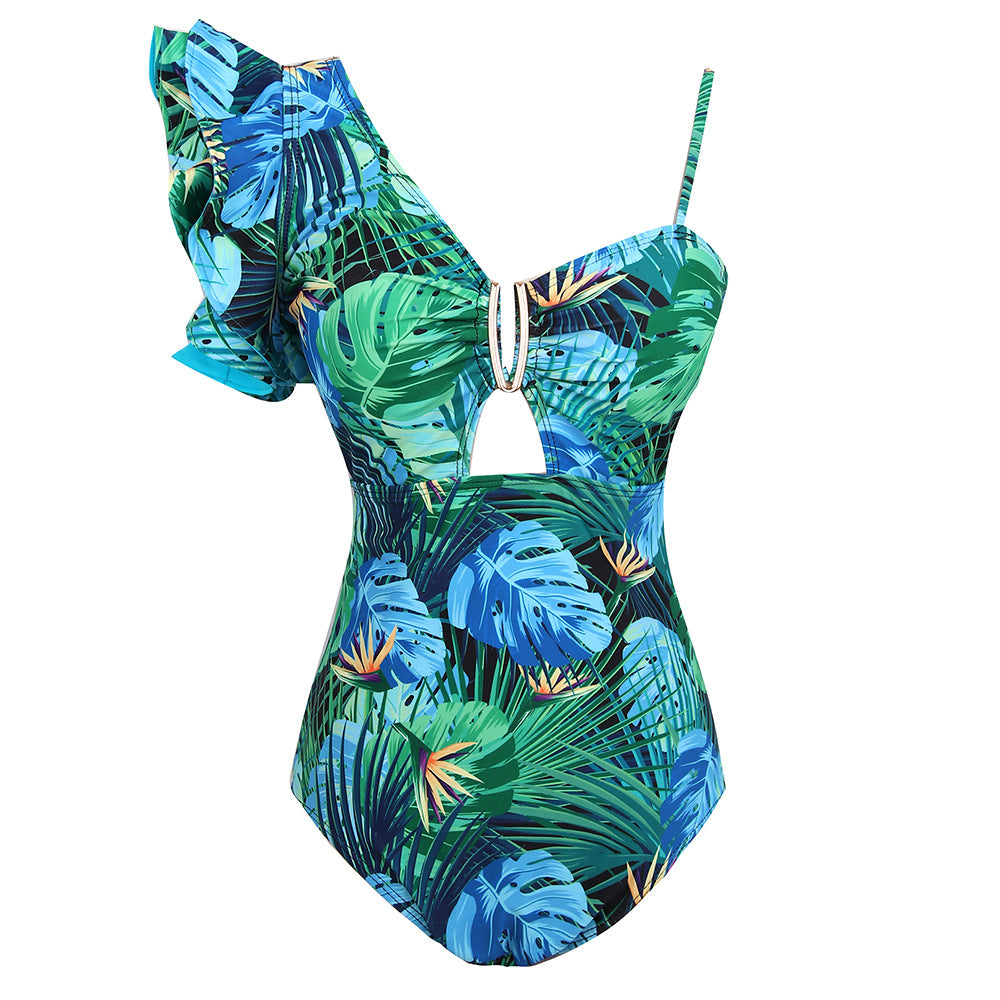 2024 Women's One-Shoulder Ruffle Print Swimsuit