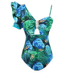 2024 Women's One-Shoulder Ruffle Print Swimsuit
