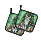 Korean Bobtail Cat By the Christmas Tree Pair of Pot Holders