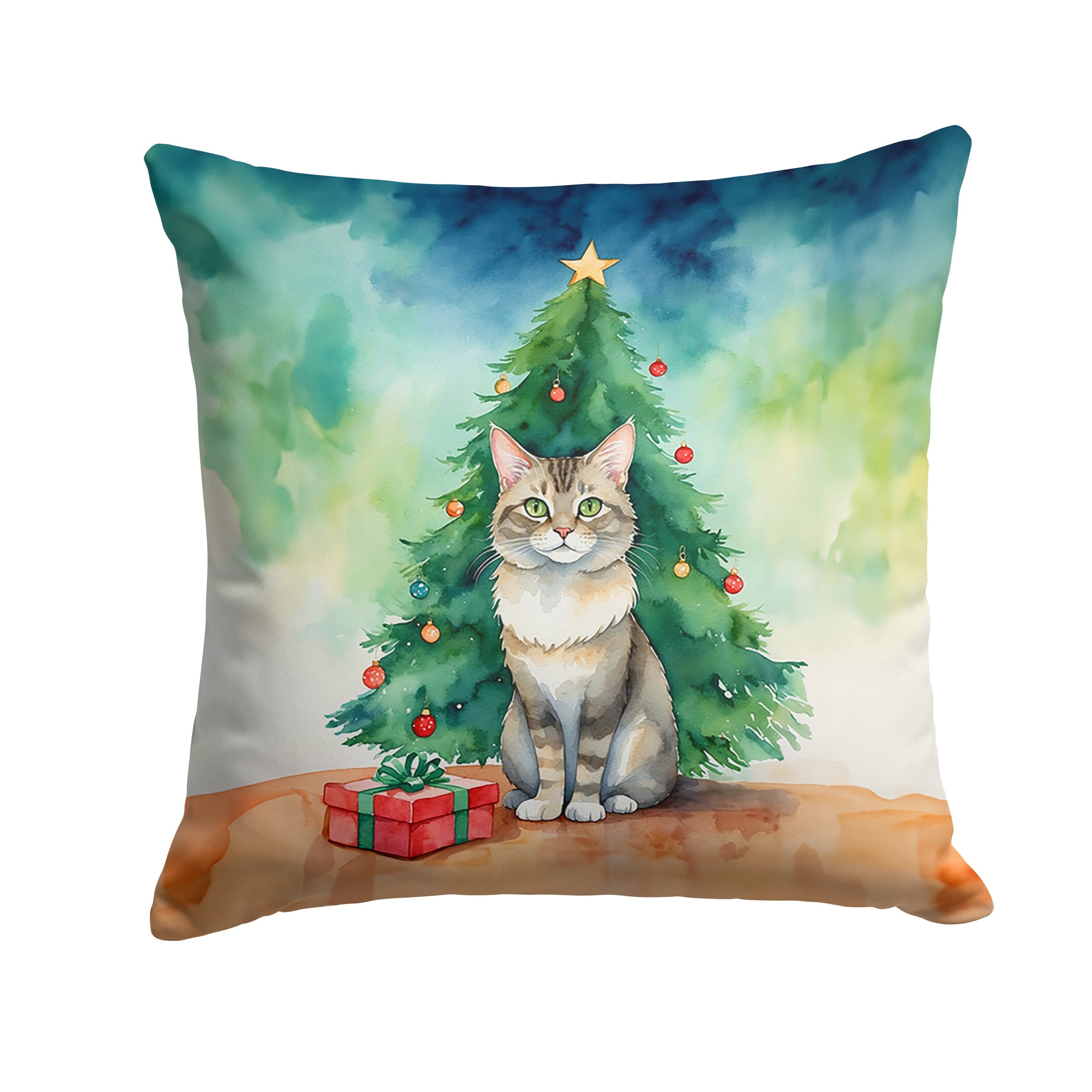 Dwelf Cat By the Christmas Tree Throw Pillow