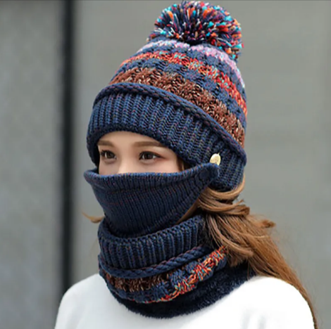 Winter Knitted Hat, Mask & Scarf Set | Embroidered Cap