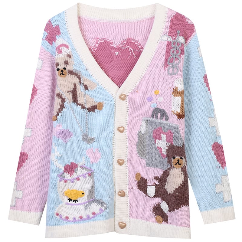 Cartoon Bear Embroidered Loose Knit Cardigan