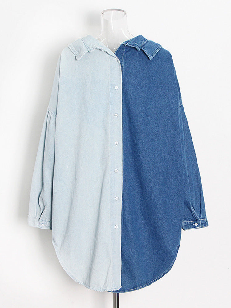 2024 Women's Color Block Denim Shirt Jacket (Plus Size)