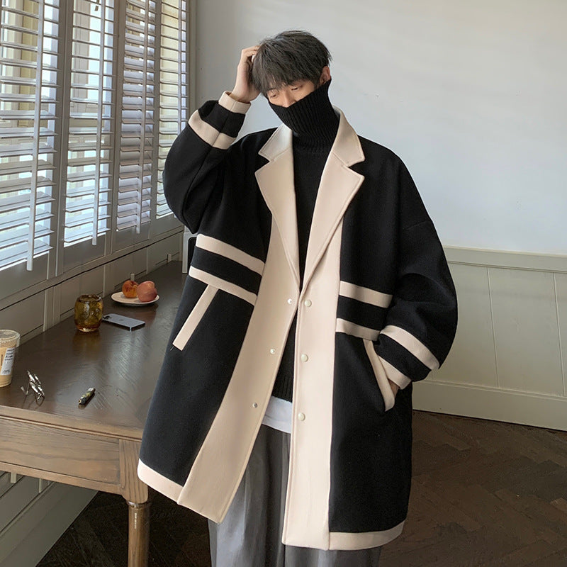 Men's Tweed Trench Coat Casual Fashion Splicing Jacket