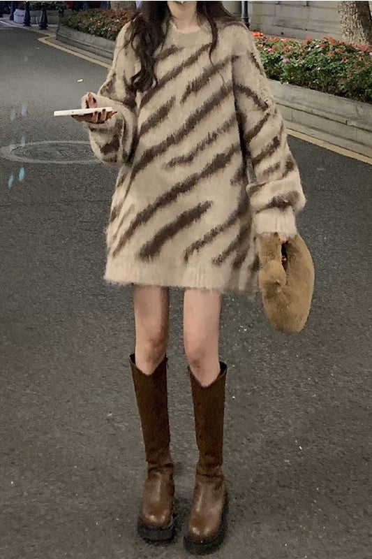 Zebra Striped Loose Pullover Sweater for Women | Streetwear
