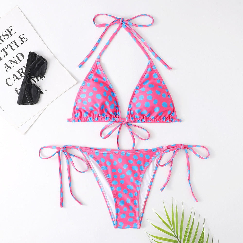 Dot Print Triangle Tie-Side Bikini Set