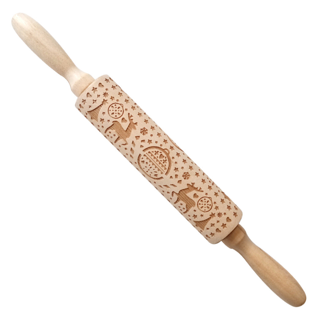 Wooden Christmas Print Rolling Pin for Cookies