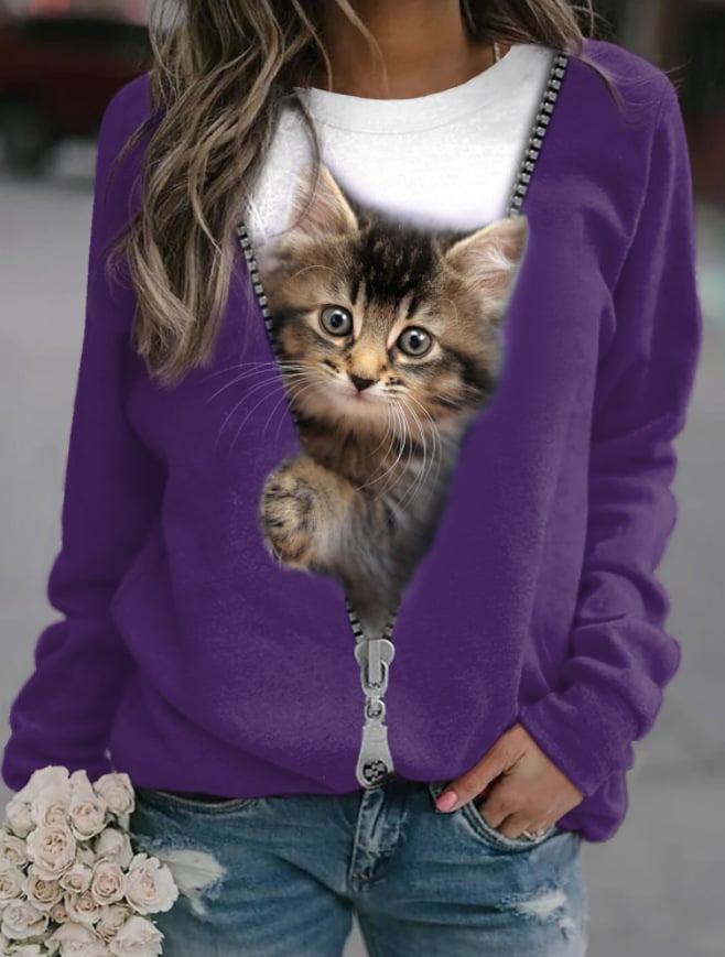 Women's Cat Print Round Neck Regular Pullover | Streetwear