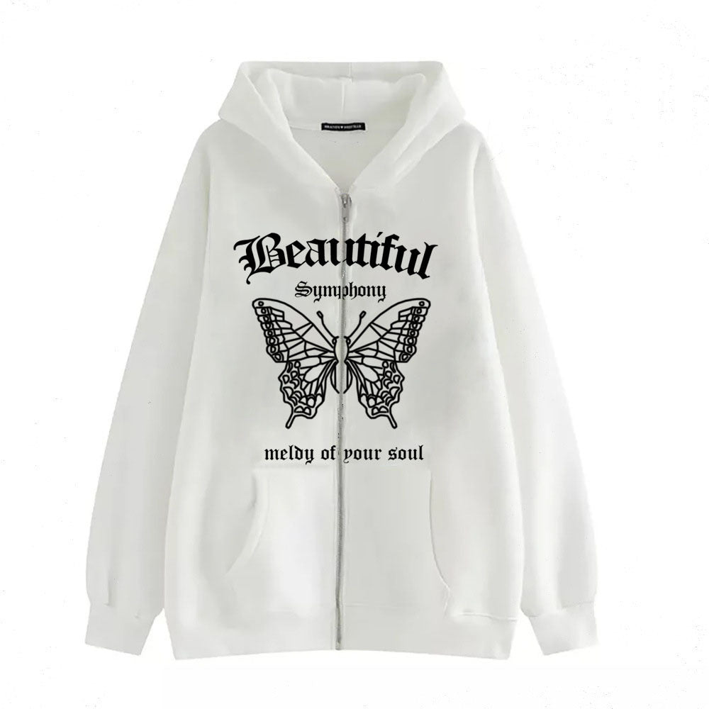 Dark Butterfly Print Zip Casual Cardigan Sweatshirt | Streetwear
