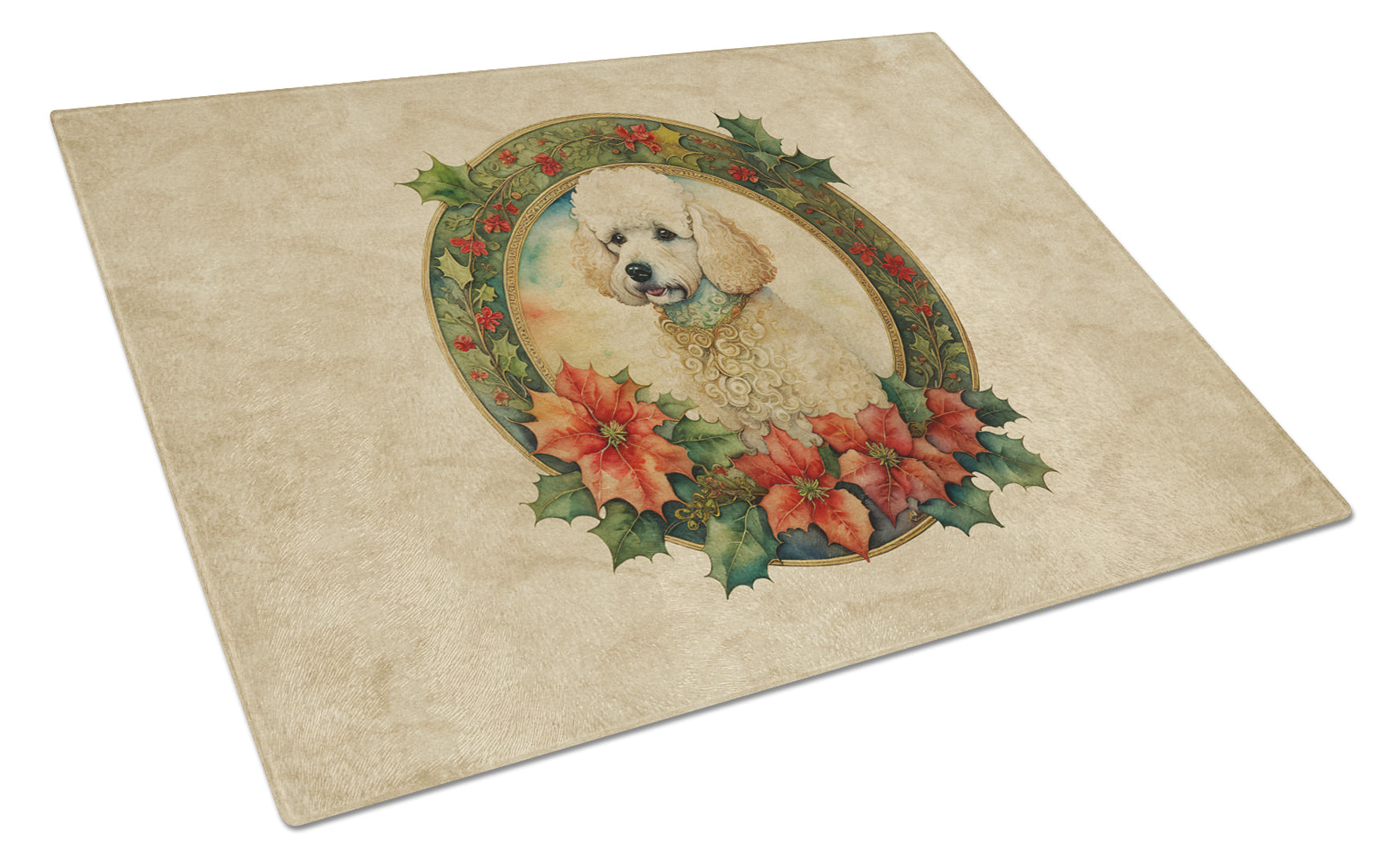 Poodle Christmas Flowers Glass Cutting Board
