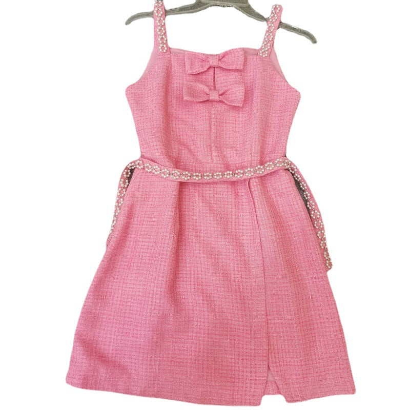 Pink Strappy Bow Dress in Classic Carded Wool Fabric