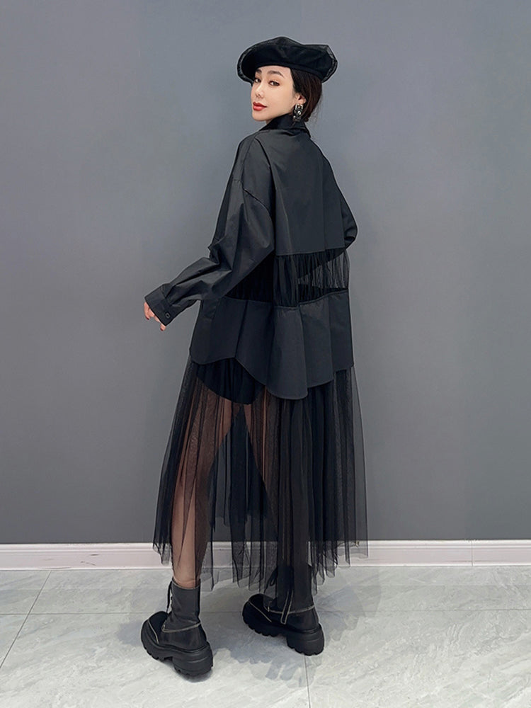 SHENGPALAE Fashion Mesh Spliced Shirt Dress for Women