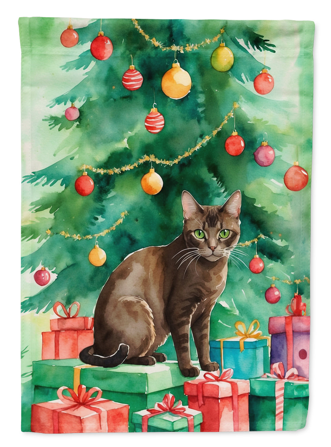 Havana Brown Cat By the Christmas Tree Garden Flag