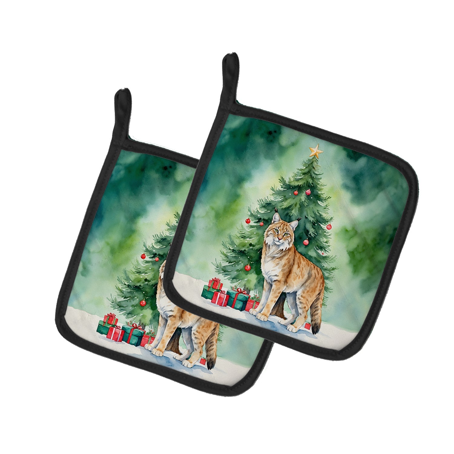 Highlander Lynx Cat By the Christmas Tree Pair of Pot Holders