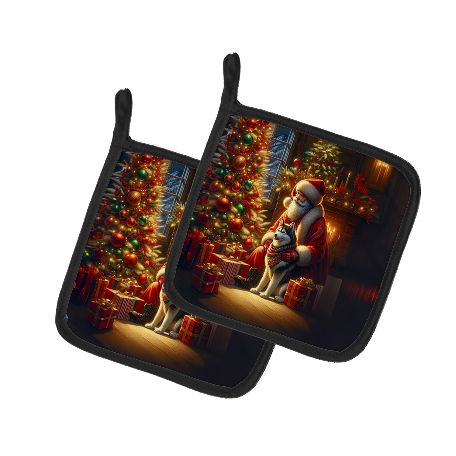 Siberian Husky and Santa Claus Pair of Pot Holders