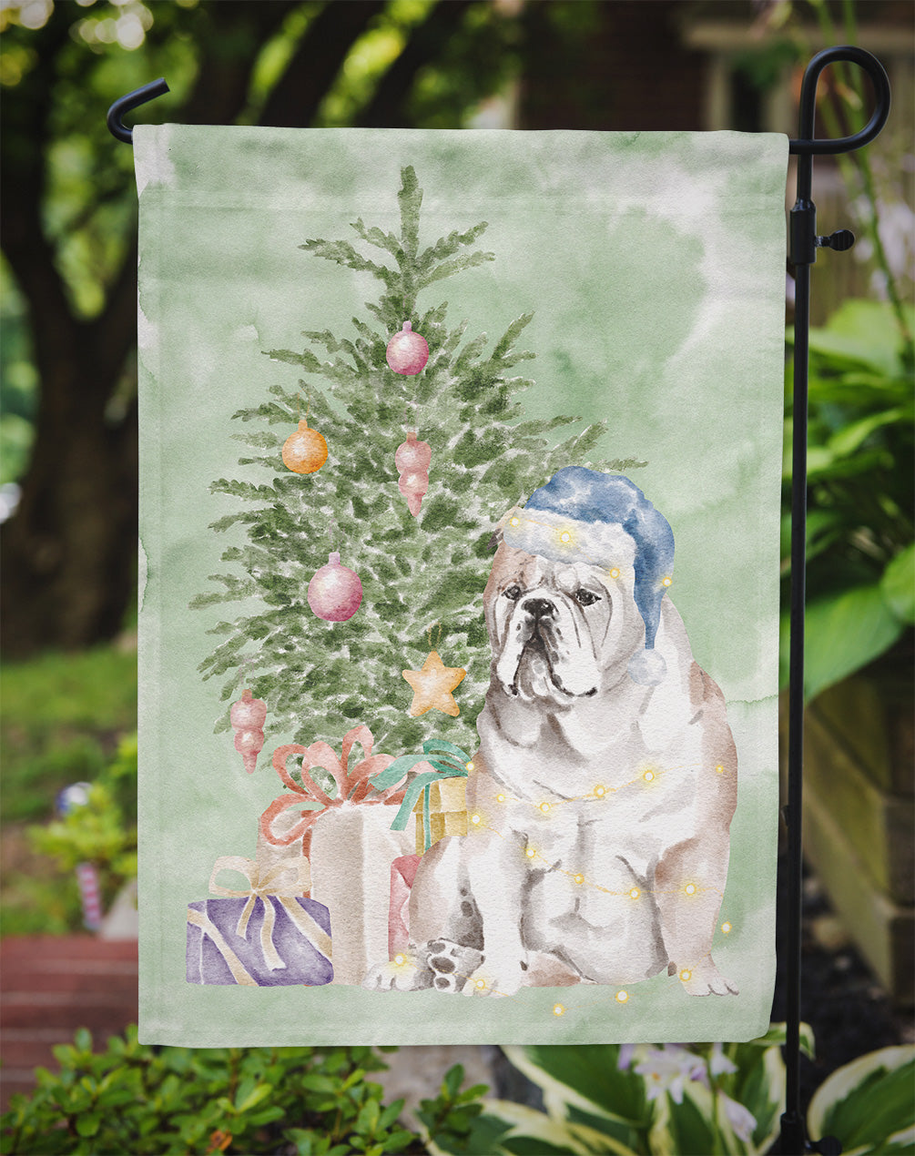 Bulldog, English Bulldog Christmas Presents and Tree Garden Flag
