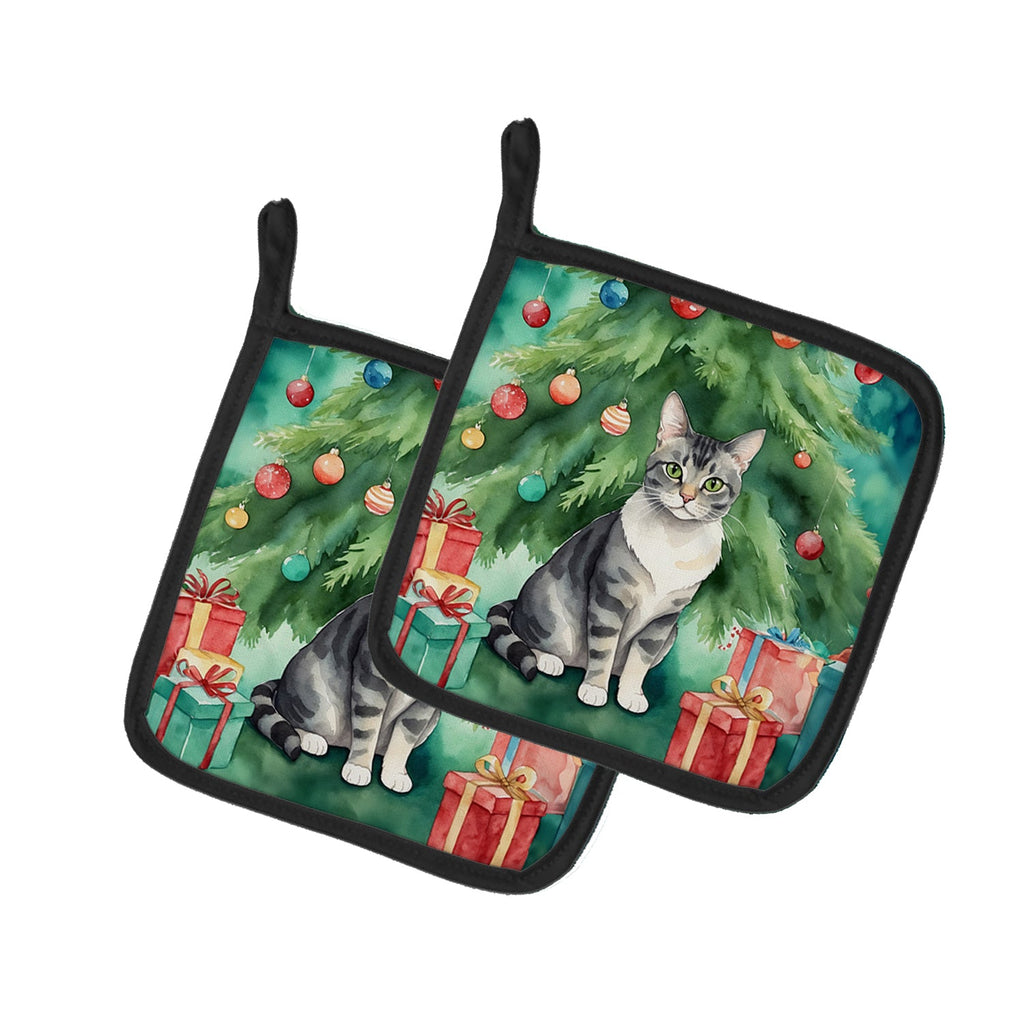 German Rex Cat By the Christmas Tree Pair of Pot Holders