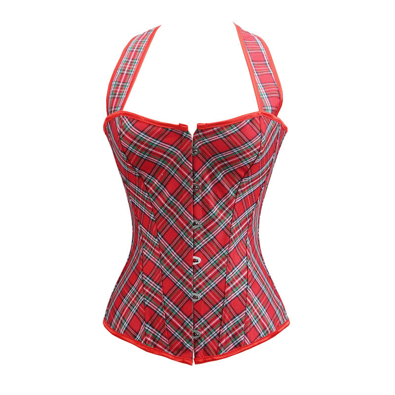 Plaid Gothic Corset Top with Halter Neck Plus Size