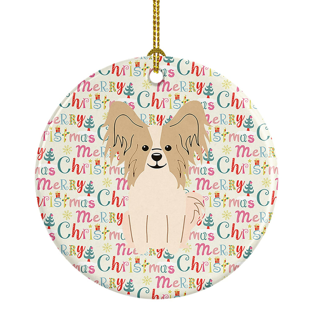 Merry Christmas Papillon Sable White Ceramic Ornament