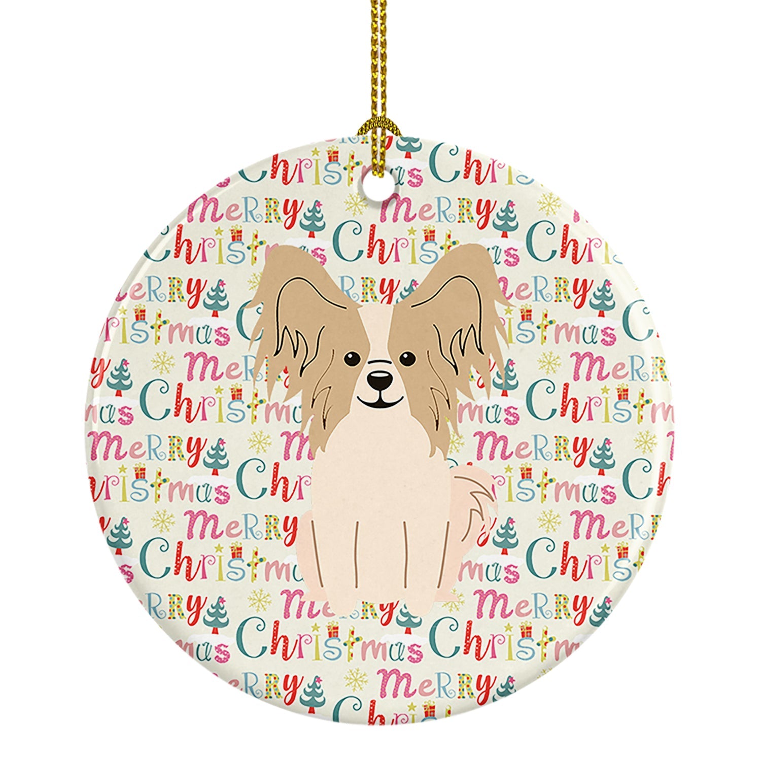 Merry Christmas Papillon Sable White Ceramic Ornament