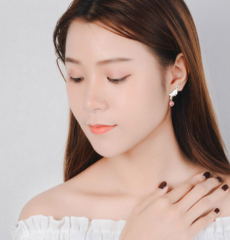 Silver Cat Drop Stud Earrings with Zircon Bead