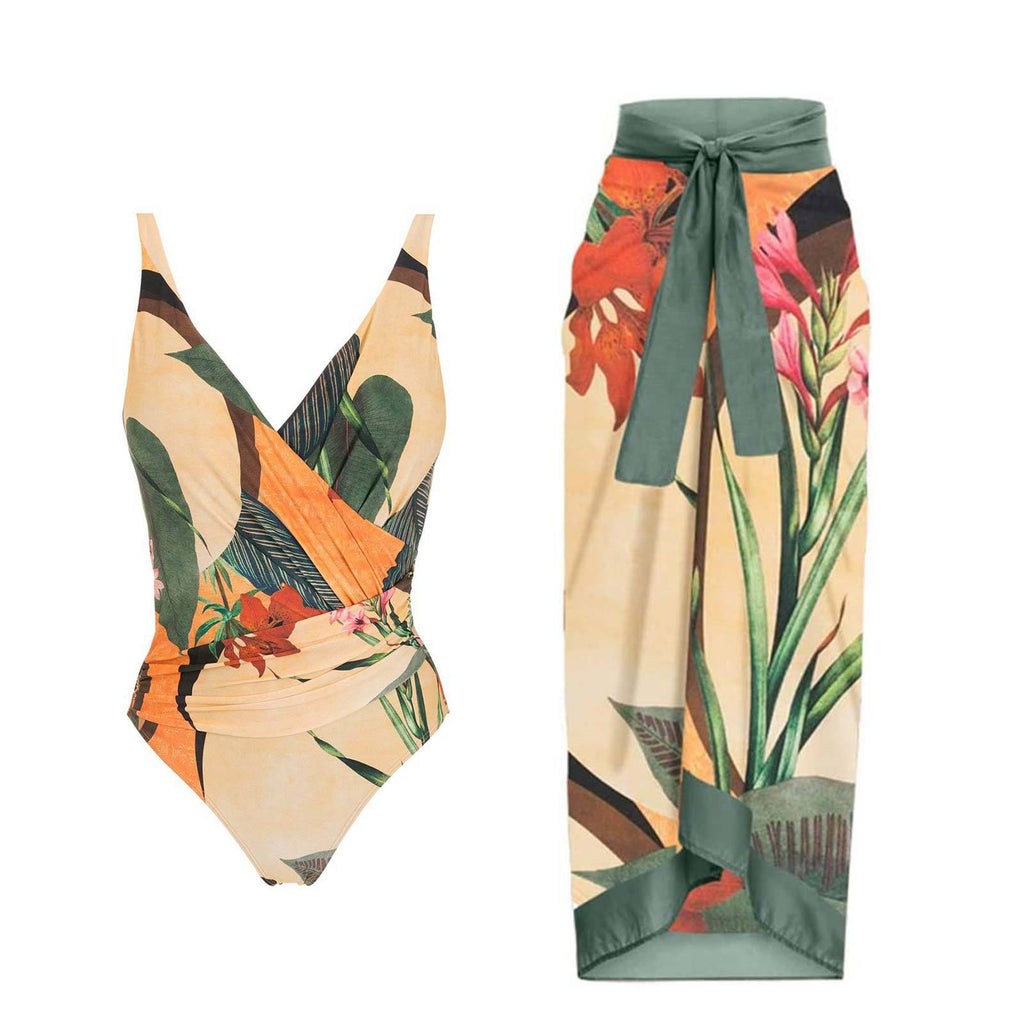 Plus Size Backless Swimsuit with Chiffon Beach Skirt