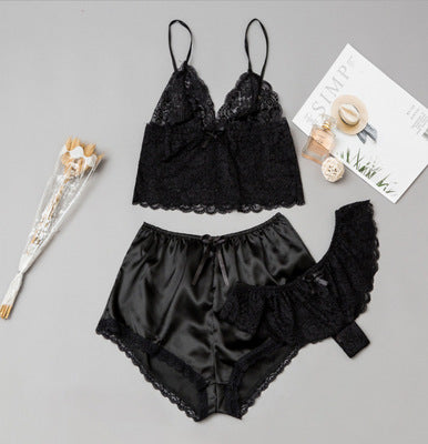 3-Piece Pajama Set with Lace Lingerie and Shorts