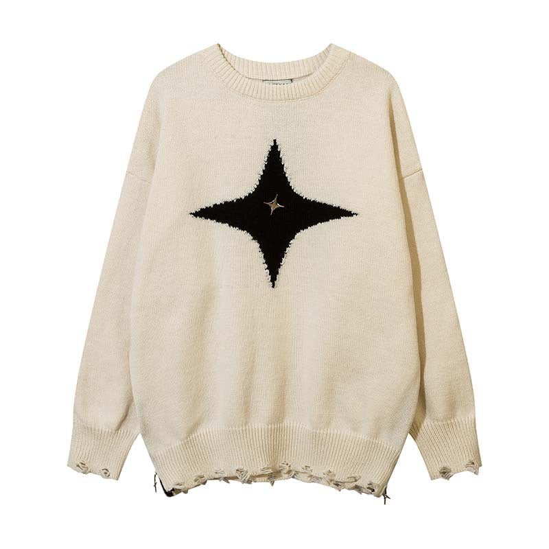 Men's Retro Round Neck Sweater with Star Design