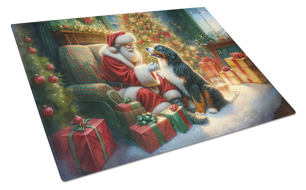 Bernese Mountain Dog and Santa Claus Glass Cutting Board