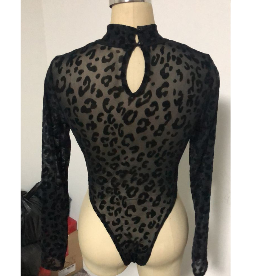 Black Leopard Print Sheer Bodysuit for Women