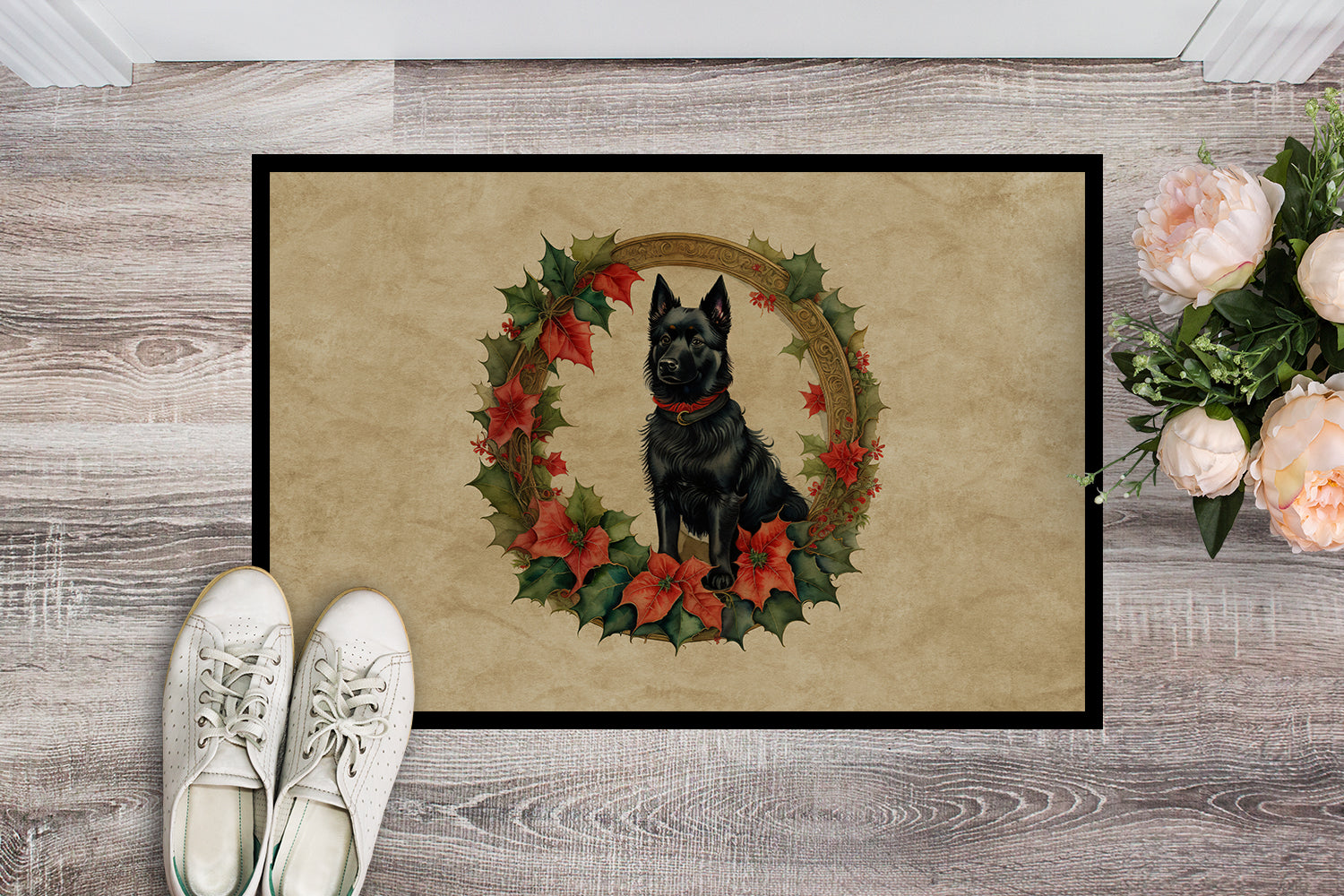 Schipperke Christmas Flowers Doormat