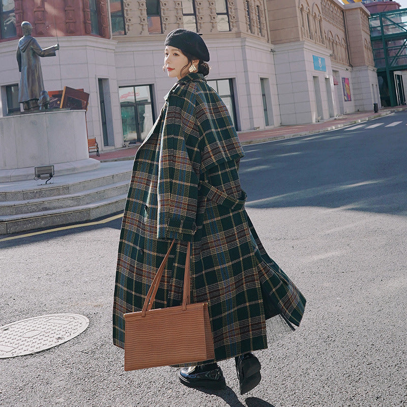 Green Plaid Loose Mid-Length Wool Coat