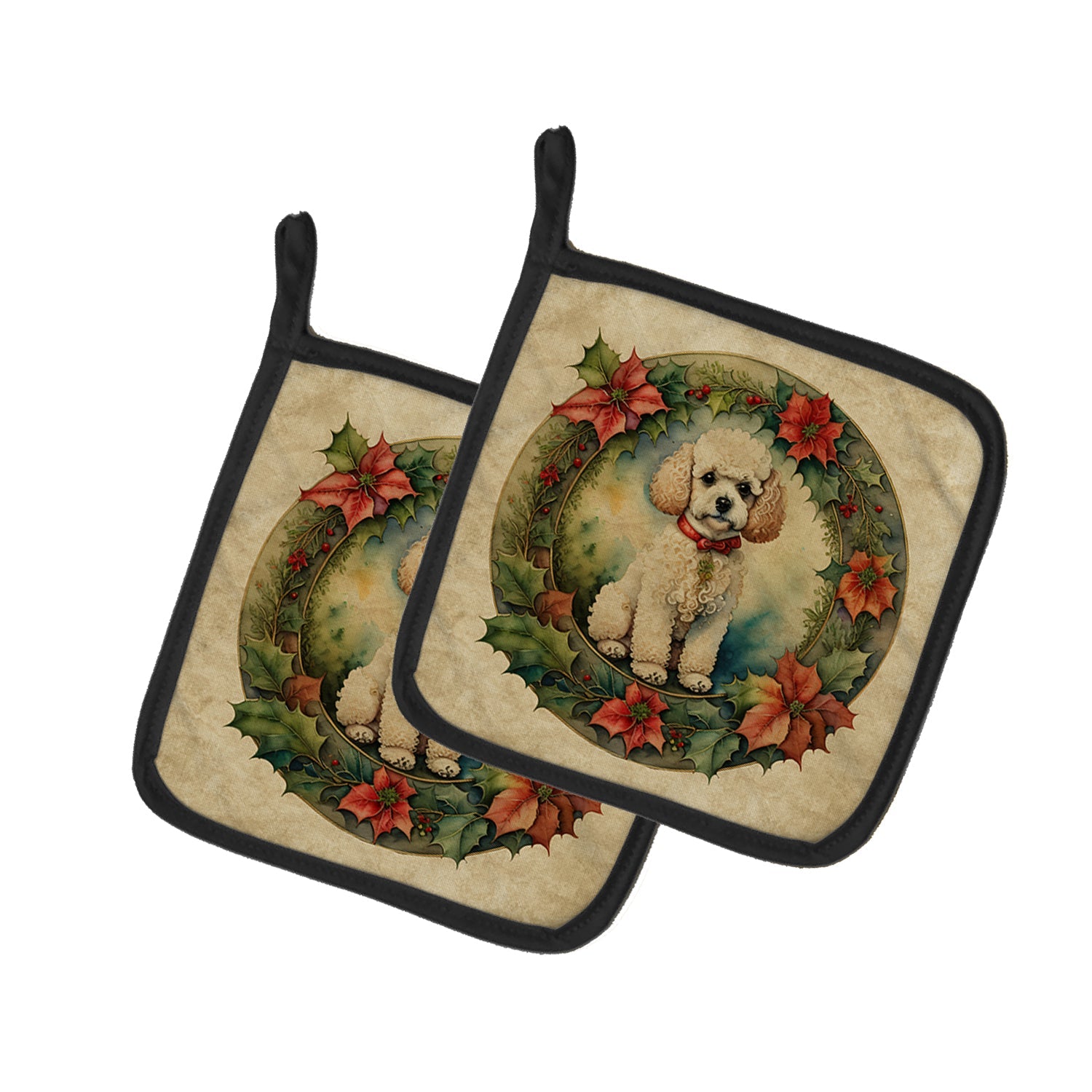 Poodle Christmas Flowers Pair of Pot Holders