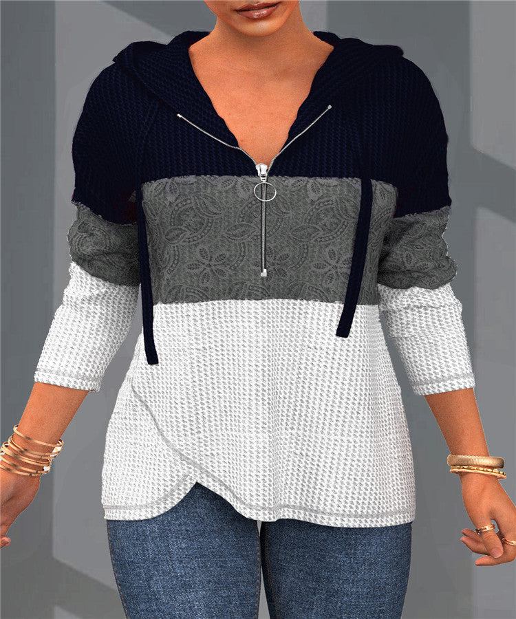 Elegant Color Block Zipper Sweater with Hood for Women