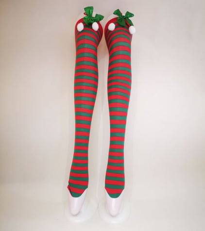 Christmas Striped Socks with Bow and Fur Balls