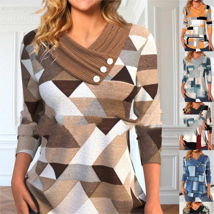 Three-button V-neck Contrast Color Long-sleeve Sweater