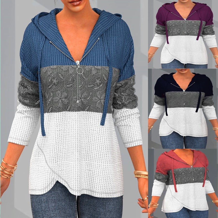 Elegant Color Block Zipper Sweater with Hood for Women