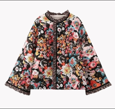 Floral Print Flare Sleeve Cotton Jacket (One Piece)
