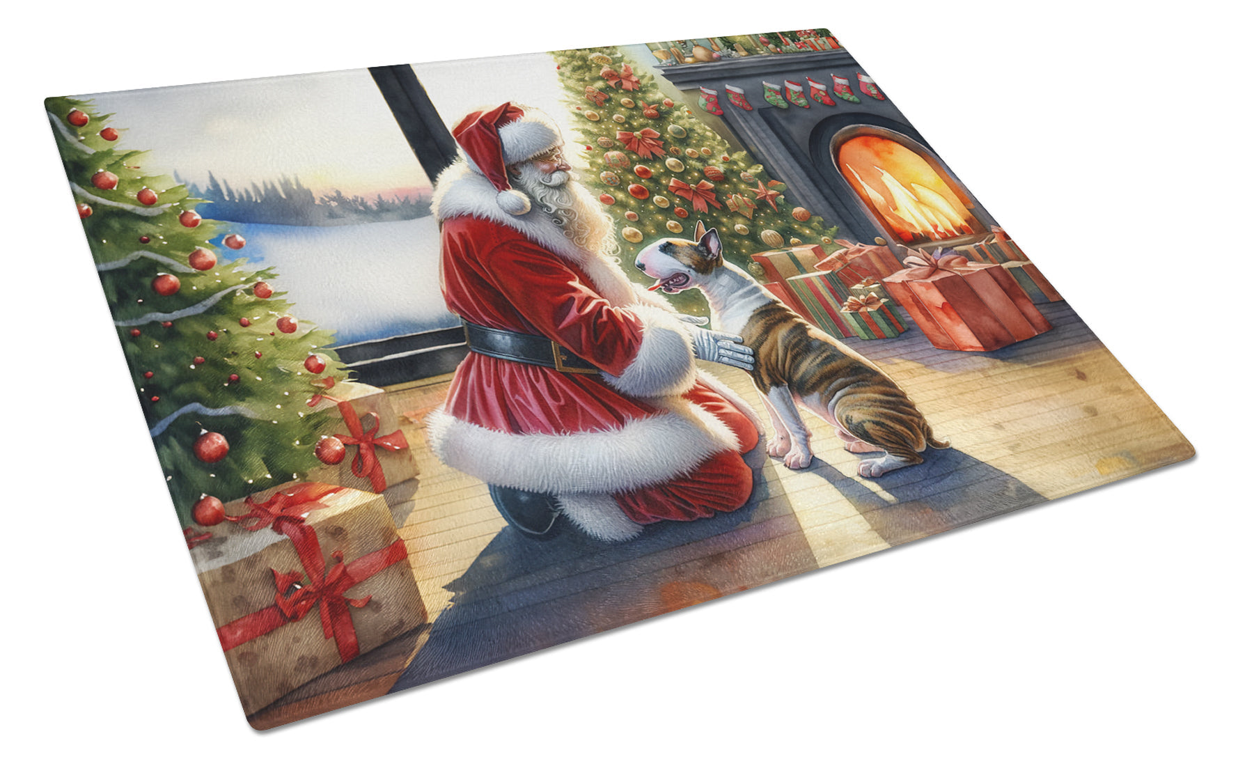 Bull Terrier and Santa Claus Glass Cutting Board