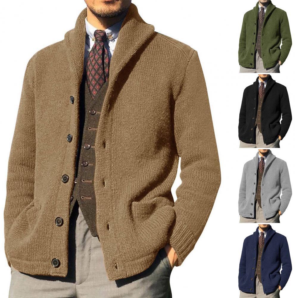 Men's Thickened Knitted Coat with Pockets and Buttons