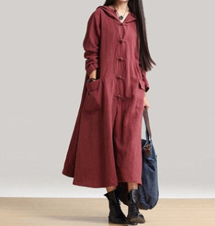 Vintage Cotton Linen Hooded Long Dress Windbreaker Jacket