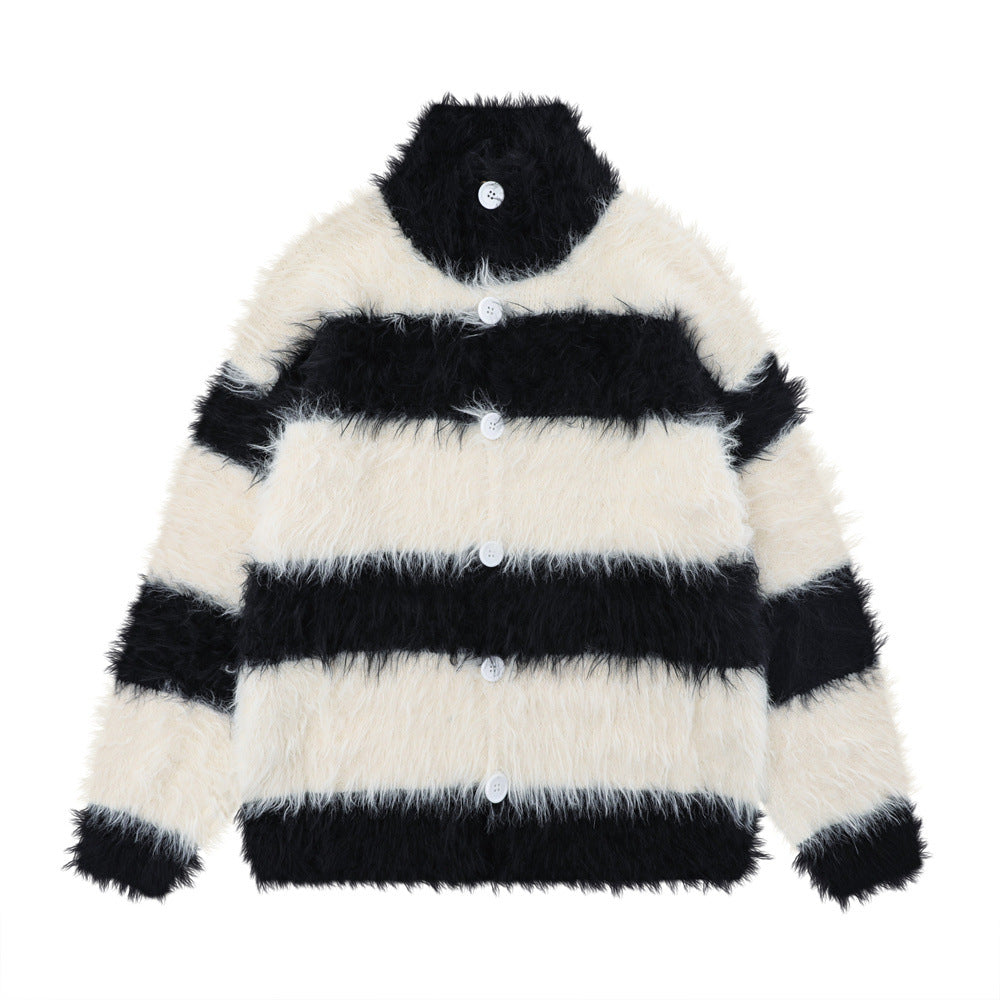 Contrast Color Striped Fleece Lined Sweater Coat