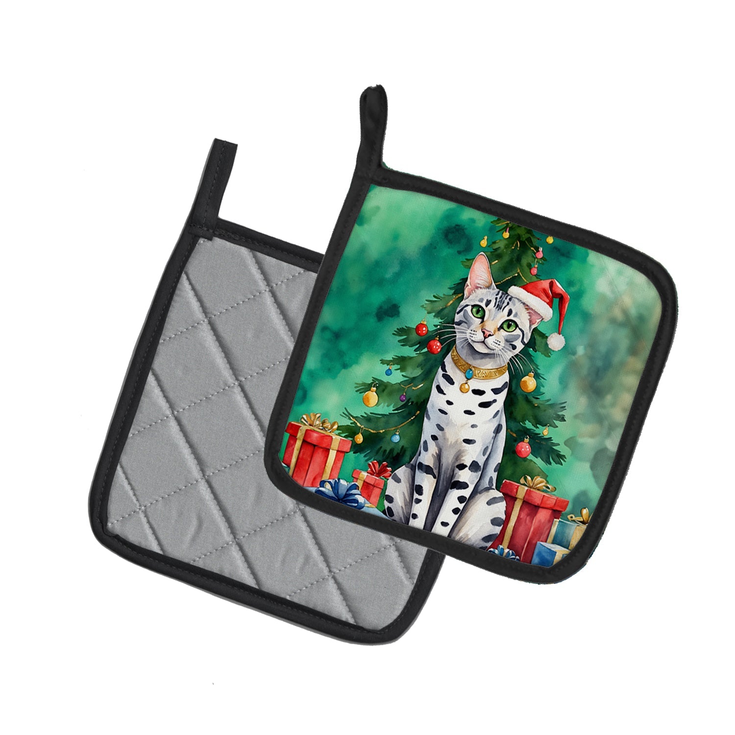 Egyptian Mau Cat By the Christmas Tree Pair of Pot Holders